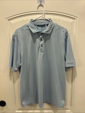 Cutter& Buck Blue & White Striped Performance Polo